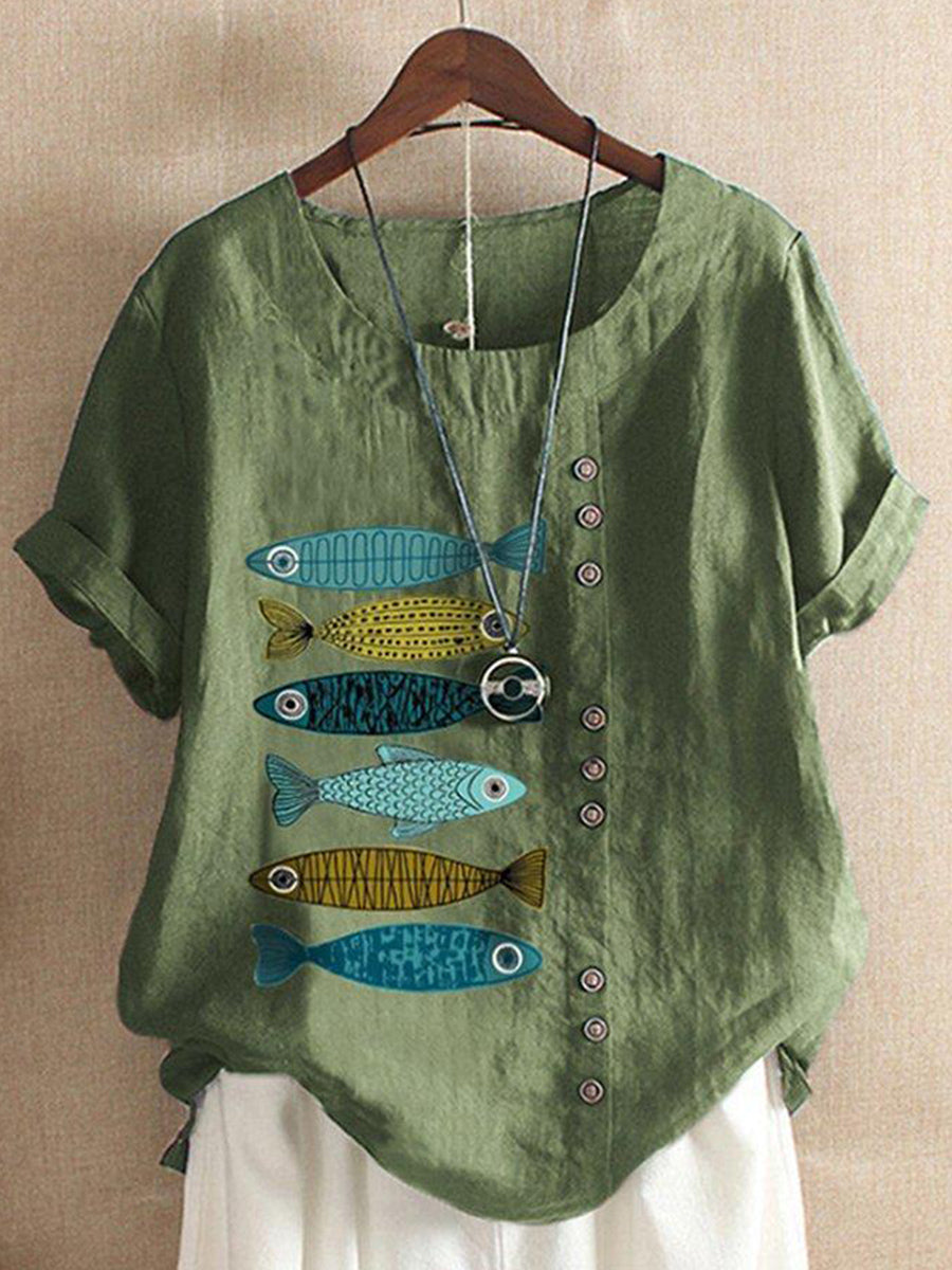 Cartoon Fish Print Round Neck Short Sleeve T-shirt