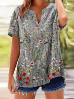 LilyWish Vintage Floral Printed V-neck Short Sleeve Top