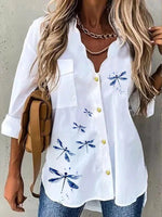 White Casual Graphic Tops Dragonfly Printed Long Sleeve Blouse