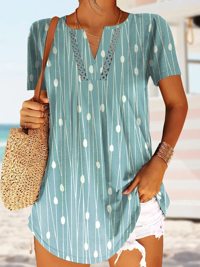 Blue Casual V Neck Polka Dot Printed Short Sleeve Blouse