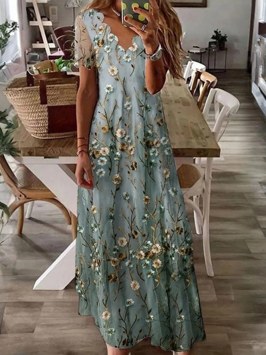 Fresh Floral Print V-Neck Short Sleeve Maxi Dress