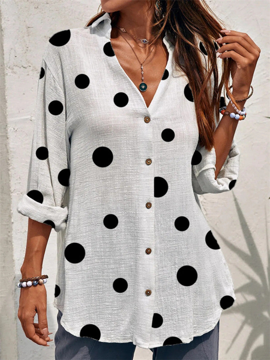 LilyWish Polka Dot Print V-neck Long Sleeve White Blouse