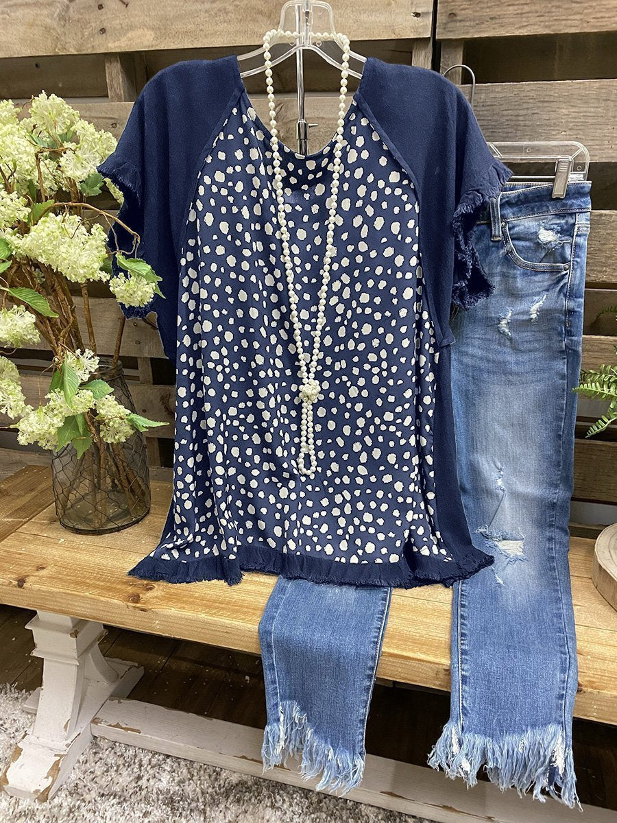 LilyWish Cuffs Frosted Polka Dot Stitching Blouse