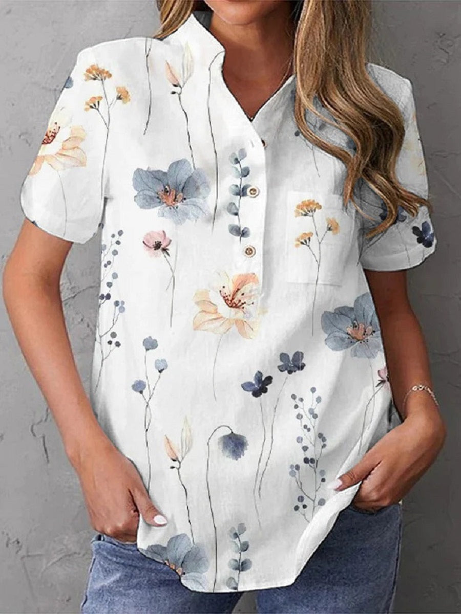 LilyWish White Casual V Neck Floral Printed Short Sleeve Blouse