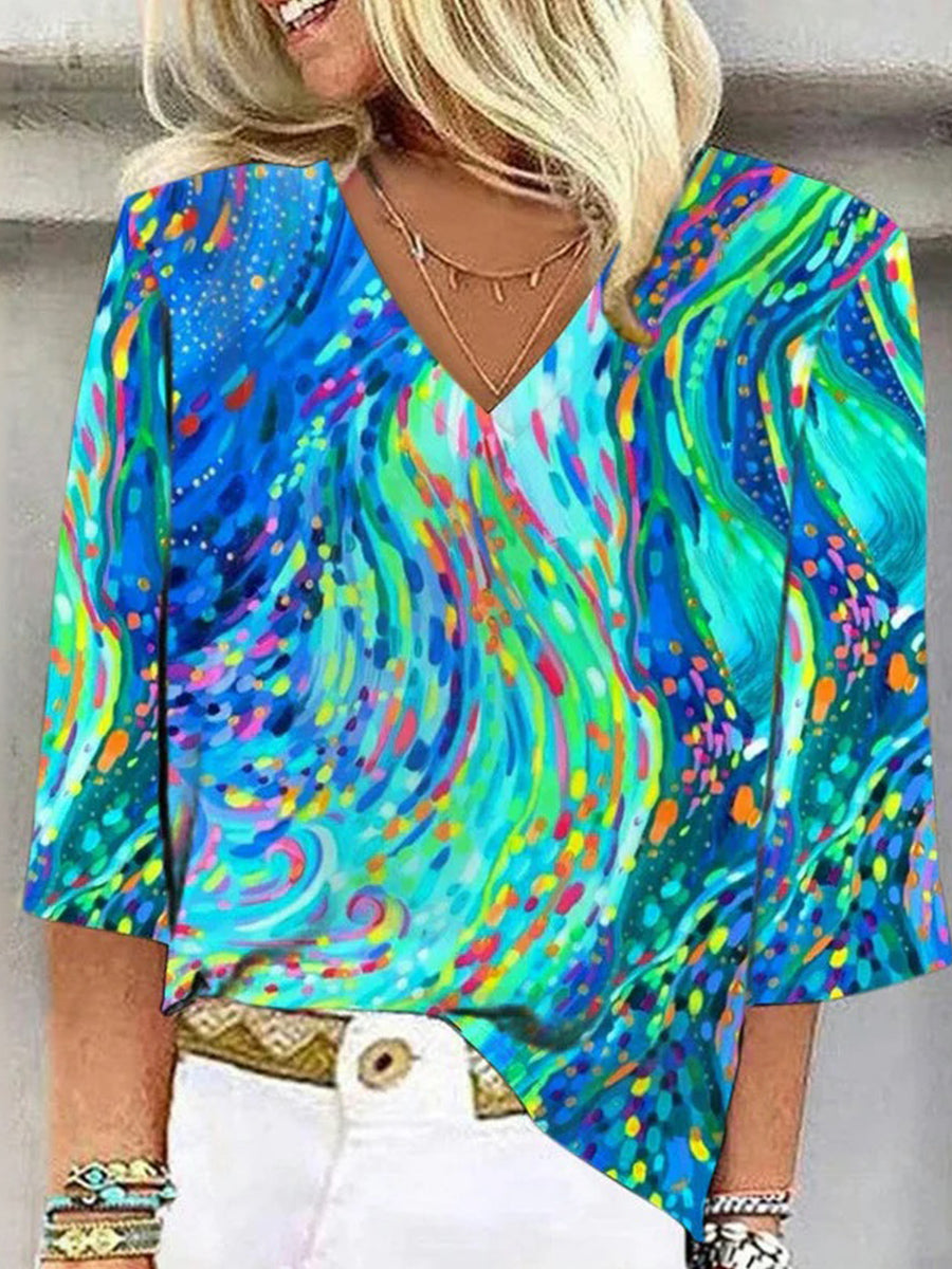 LilyWish Colourful Abstract Print V-neck 3/4 Sleeve Blouse