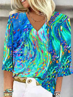 LilyWish Colourful Abstract Print V-neck 3/4 Sleeve Blouse