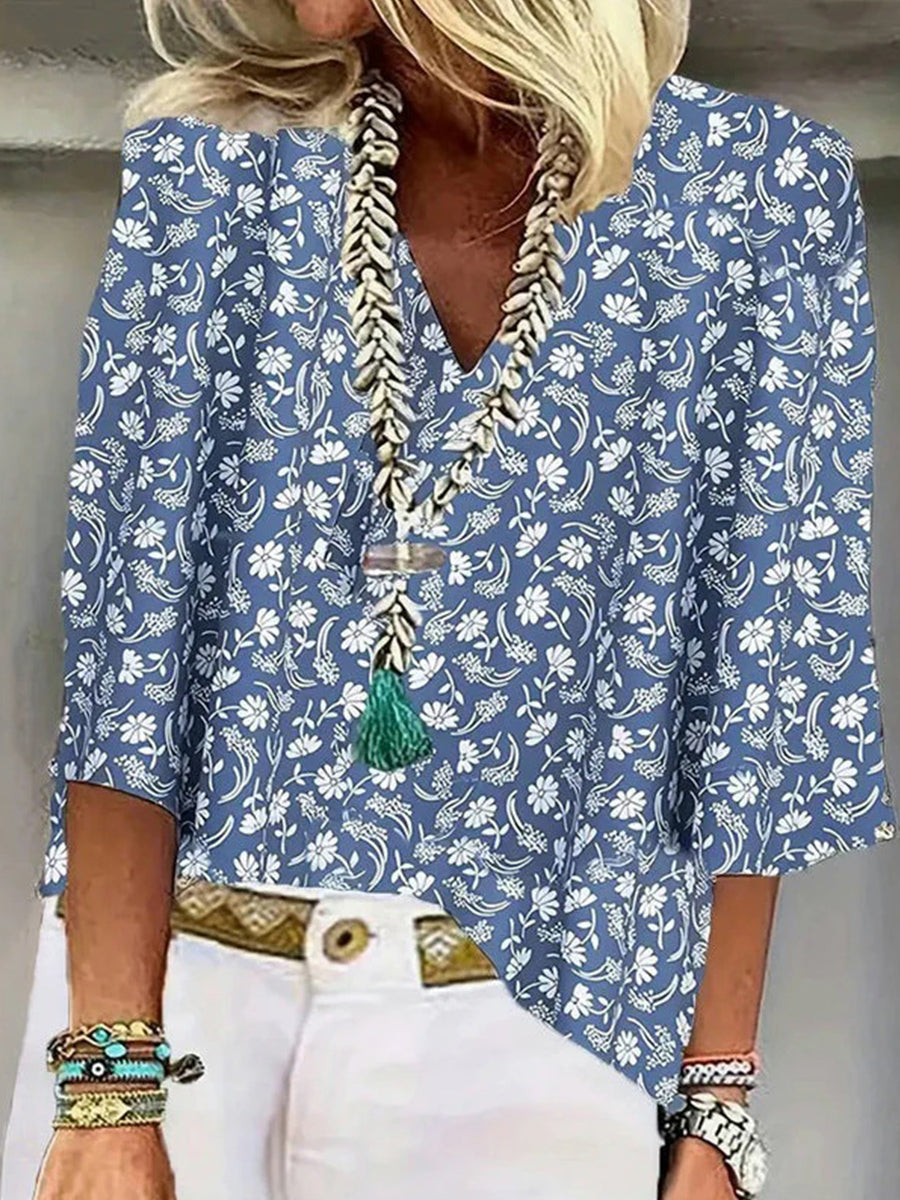 LilyWish Vintage Floral Print V-neck 3/4 Sleeve Blouse