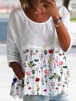 LilyWish Elegant Round Neck Floral Print 3/4 Sleeve Top