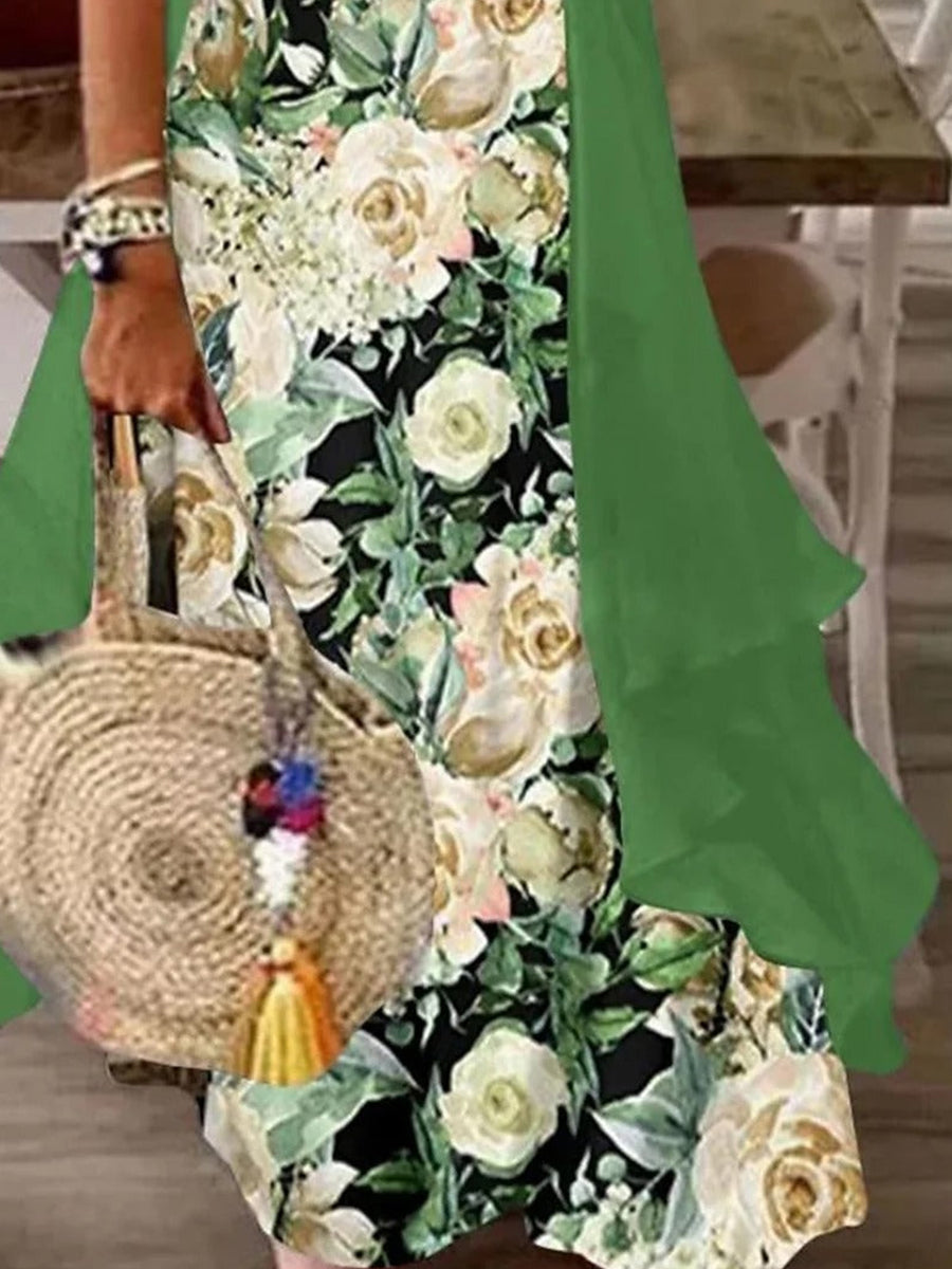 Casual Floral Wrap 3/4 Sleeve Two-Piece Maxi Dress