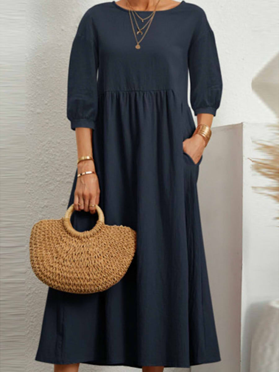 Casual Solid 3/4 Sleeve High Waist Loose Midi Dress