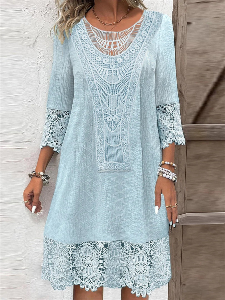 Women's 3/4 Sleeve Scoop Neck Lace Solid Color Midi Dress