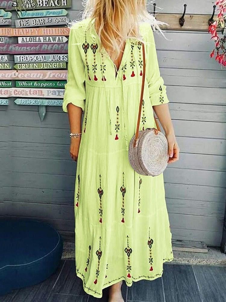 Three Quarter Sleeve Ankle Length Print High Waist Pullover Maxi Dress