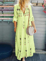Three Quarter Sleeve Ankle Length Print High Waist Pullover Maxi Dress