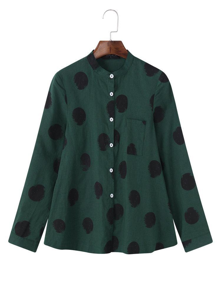 Casual Polka Dot Irregular Long Sleeve Stand Collar Blouse