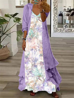 Women's Long Sleeve V-neck Graphic Printed Two Pieces Maxi Dress