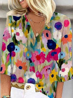 LilyWish Women's Colorful Floral V-Neck 3/4 Sleeve Loose Casual Blouse