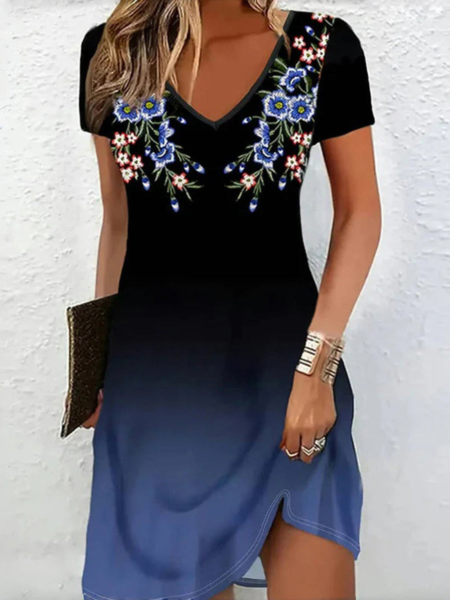 LilyWish Vintage Floral Print V-neck Short Sleeve Dress