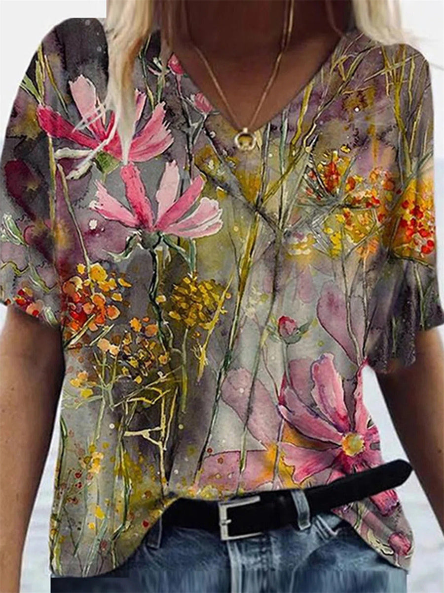 LilyWish Floral Print V-neck Short Sleeves Casual T-shirt