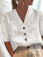 Women's Cotton Short Sleeve Embroidered Lace Floral Button Front Blouse