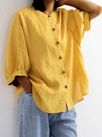 Women's Solid Color Lantern Sleeve Retro Loose Half Sleeve Cotton Linen Shirt