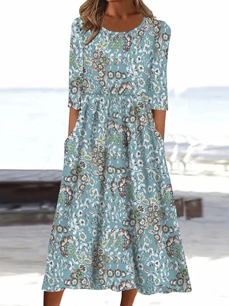 LilyWish Popular Round Neck 3/4 Sleeve Midi Dress