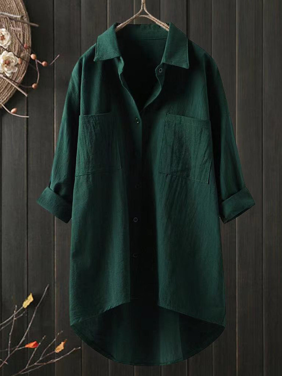 LilyWish Solid Cotton Linen V Neck Loose Top