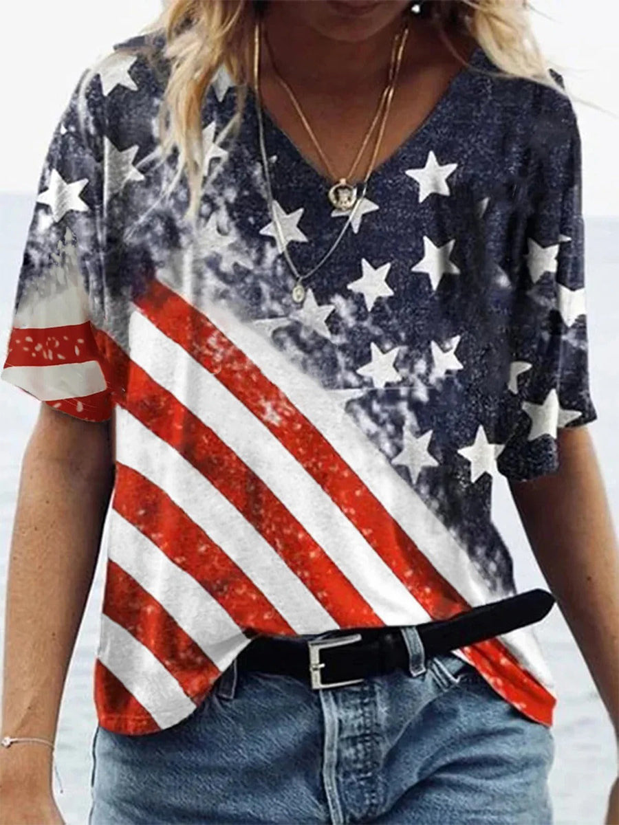 Casual America Flag Printed Short Sleeve V Neck Blouse