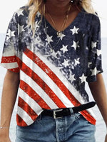 Casual America Flag Printed Short Sleeve V Neck Blouse