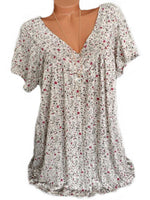 LilyWish Print Floral Short Sleeve V-neck Blouse