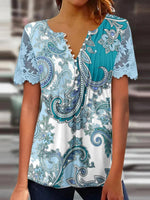 LilyWish Paisley Print V-neck Short Sleeve Top