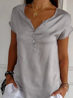 LilyWish Solid Short Sleeve Buttoned V Neck T-Shirt