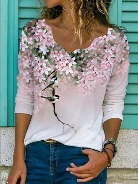 Pink V-neck Long Sleeve Floral Print Blouse