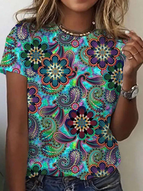 LilyWish Multicolor Casual Graphic Tops Round Neck Short Sleeve Floral Printed Blouse