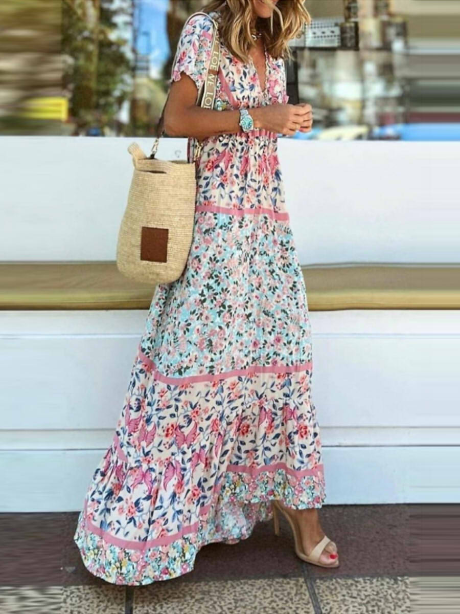 LilyWish V-neck Short Sleeve Floral Bohemia Maxi Dress