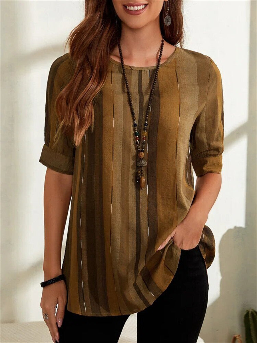 Women’s Casual Vertical Striped Round Neck Half Sleeve Loose Fit Tunic Top