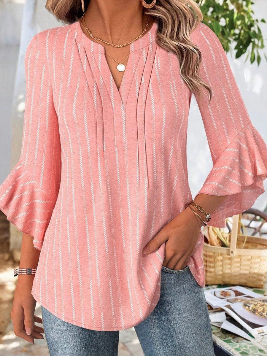 LilyWish Elegant Pink V-Neck 3/4 Sleeve Top