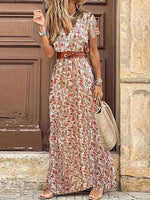 Red Floral V Neck Short Sleeve Maxi Dress