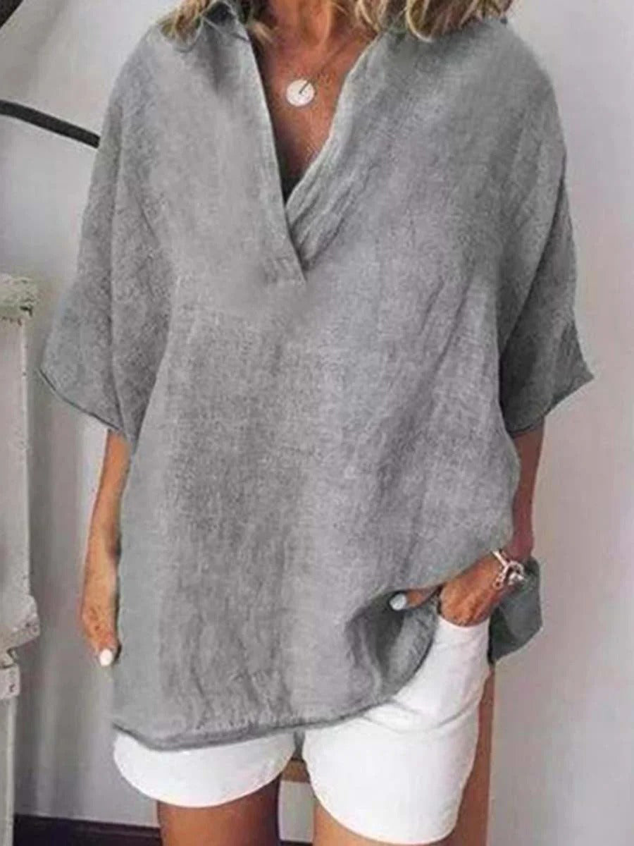 LilyWish Solid Color V-Neck Cotton Shirt Pullover Blouse