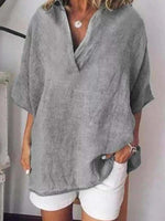 LilyWish Solid Color V-Neck Cotton Shirt Pullover Blouse