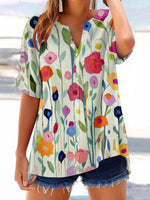 LilyWish Romantic V-neck Short Sleeve Floral Print Top