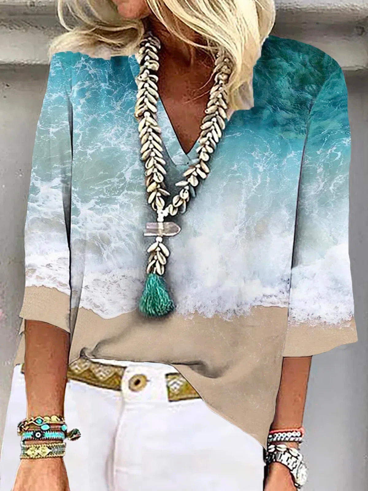 Women's V-Neck Ocean Wave Print Casual Loose-Fit 3/4 Sleeve Top