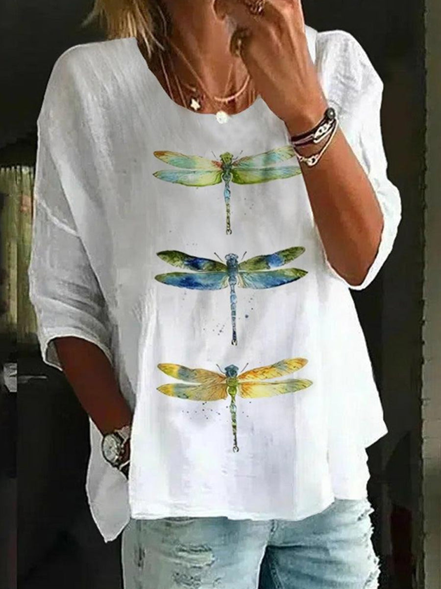 Women's Dragonfly Print Casual Loose Short Sleeve Top