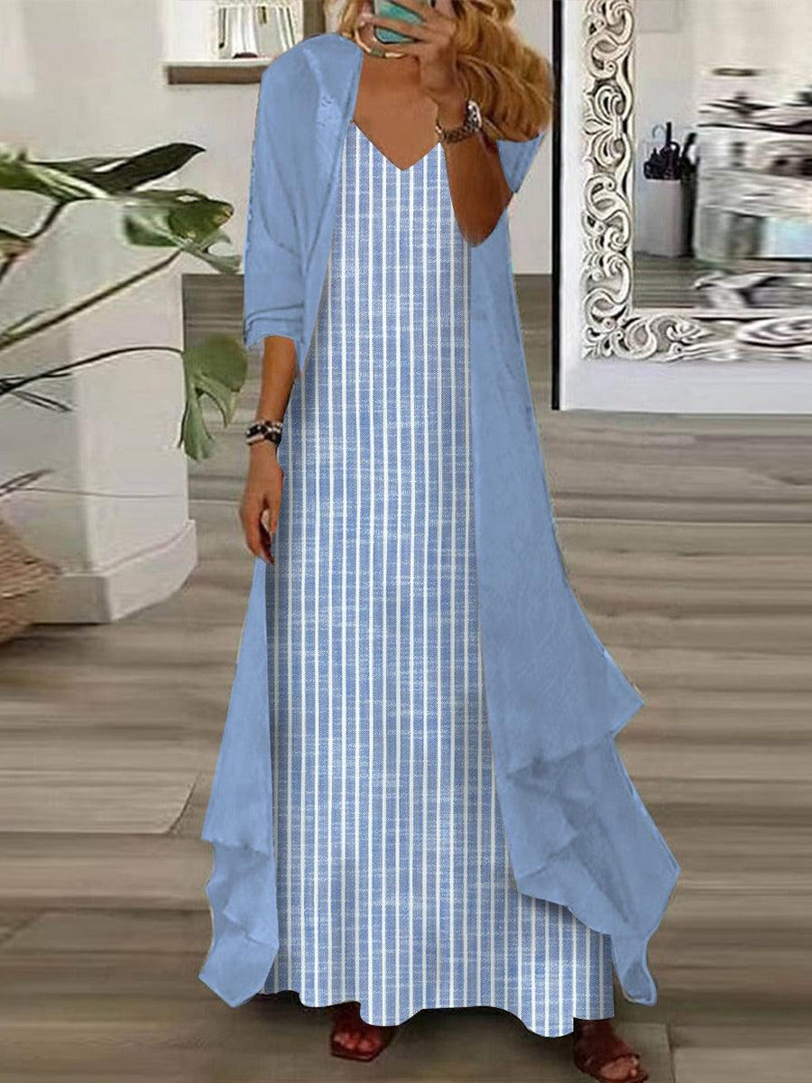 Breezy Striped Print Blue Maxi Dress With Outerwear
