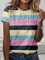 LilyWish Colour Block Striped Round Neck Short Sleeve T-Shirt