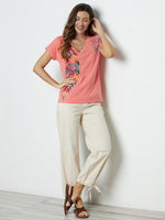 LilyWish Hot Coral Feather Print V-neck Short Sleeve Blouse