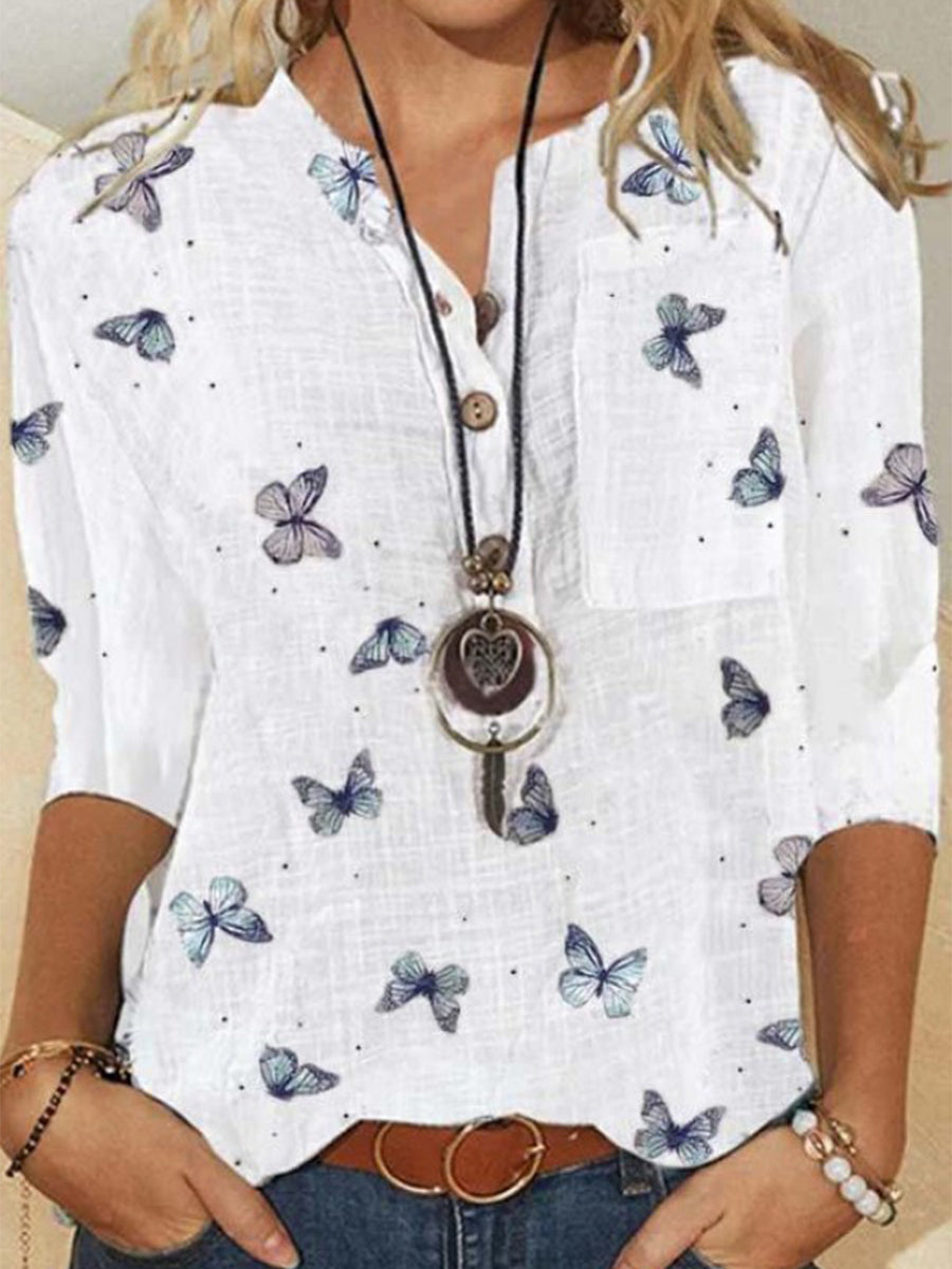 LilyWish V-neck 3/4 Sleeve Butterfly Print White Blouse