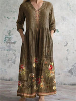 LilyWish Vintage Floral Printed V-neck Long Sleeve Dress