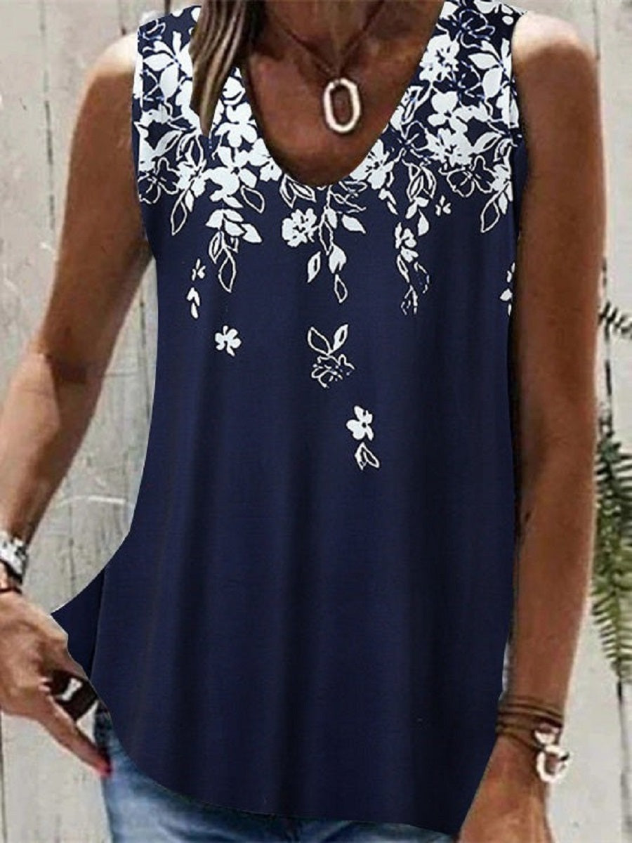 LilyWish Dark Blue Casual V Neck Floral Printed Sleeveless Tank