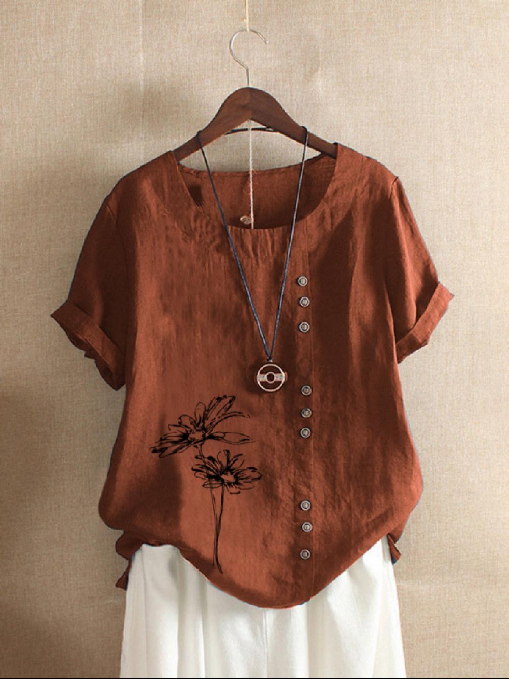 Solid Color Short Sleeve Button Summer Blouse