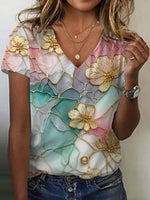 LilyWish Vintage Gradient Floral V-neck Short Sleeve T-Shirt